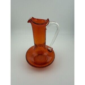 Vintage Pilgrim Crackle Glass Pitcher, Tangerine, Clear Angled Handle, 4” tall